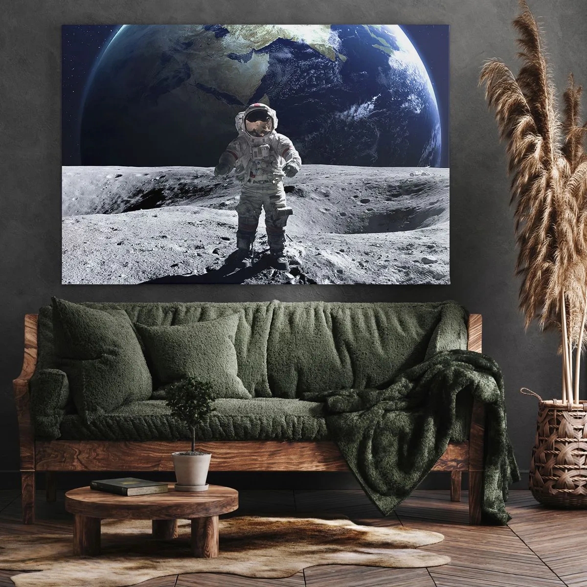 Impression sur toile - Image sur toile - Astronaute à la surface de la Lune avec la Terre en arrière-plan - 120x80cm - Salutations de la lune - Décoration murale moderne pour le salon et la chambre ARTTOR