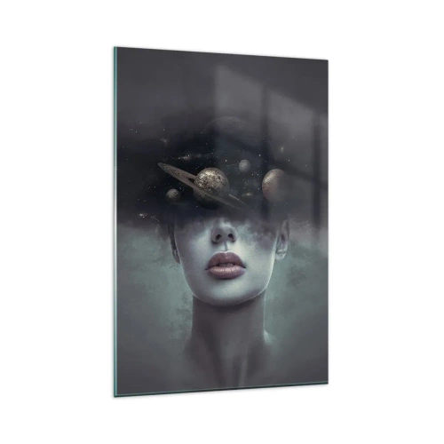 Impression sur verre - Image sur verre - Un visage de femme avec un motif de planète et d'espace en arrière-plan - 80x120cm - Et les planètes deviennent folles... - Décoration murale moderne pour le salon et la chambre ARTTOR