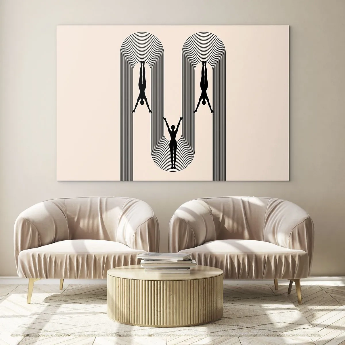 Impression sur verre - Image sur verre - Silhouettes noires de personnages suspendus dans des arcs rythmiques - 70x50cm - Les jambes en l’air - Décoration murale moderne pour le salon et la chambre ARTTOR