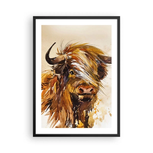 Affiche dans un cadre noir - Poster - Portrait d'un taureau dans un style aquarelle artistique - 50x70cm - Fierté du chasseur - Décoration murale moderne pour le salon et la chambre ARTTOR