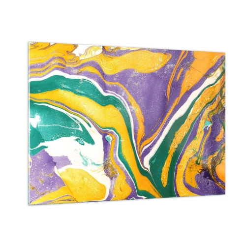 Impression sur verre - Image sur verre - Motif de vagues abstrait en jaune, violet et vert - 100x70cm - Ondes de couleur - Décoration murale moderne pour le salon et la chambre ARTTOR