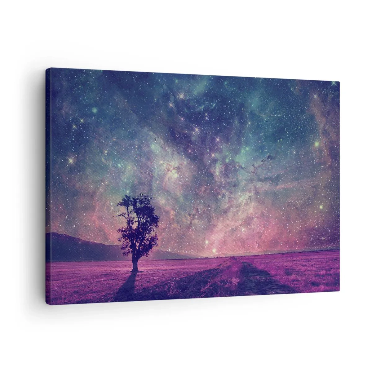 Impression sur toile - Image sur toile - Un arbre contre un ciel étoilé aux couleurs violettes et bleues - 70x50cm - Sous un ciel magique - Décoration murale moderne pour le salon et la chambre ARTTOR