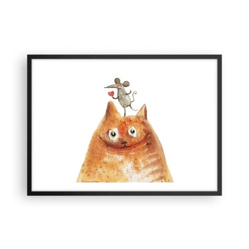 Affiche dans un cadre noir - Poster - Un dessin d'un chat avec une souris sur la tête tenant un cœur - 70x50cm - Amour paradoxal - Décoration murale moderne pour le salon et la chambre ARTTOR