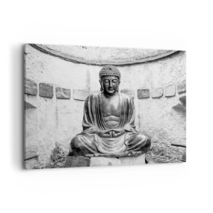Impression sur toile - Image sur toile - Statue de Bouddha noir et blanc dans une pose méditative - 120x80cm - A la source de la paix - Décoration murale moderne pour le salon et la chambre ARTTOR