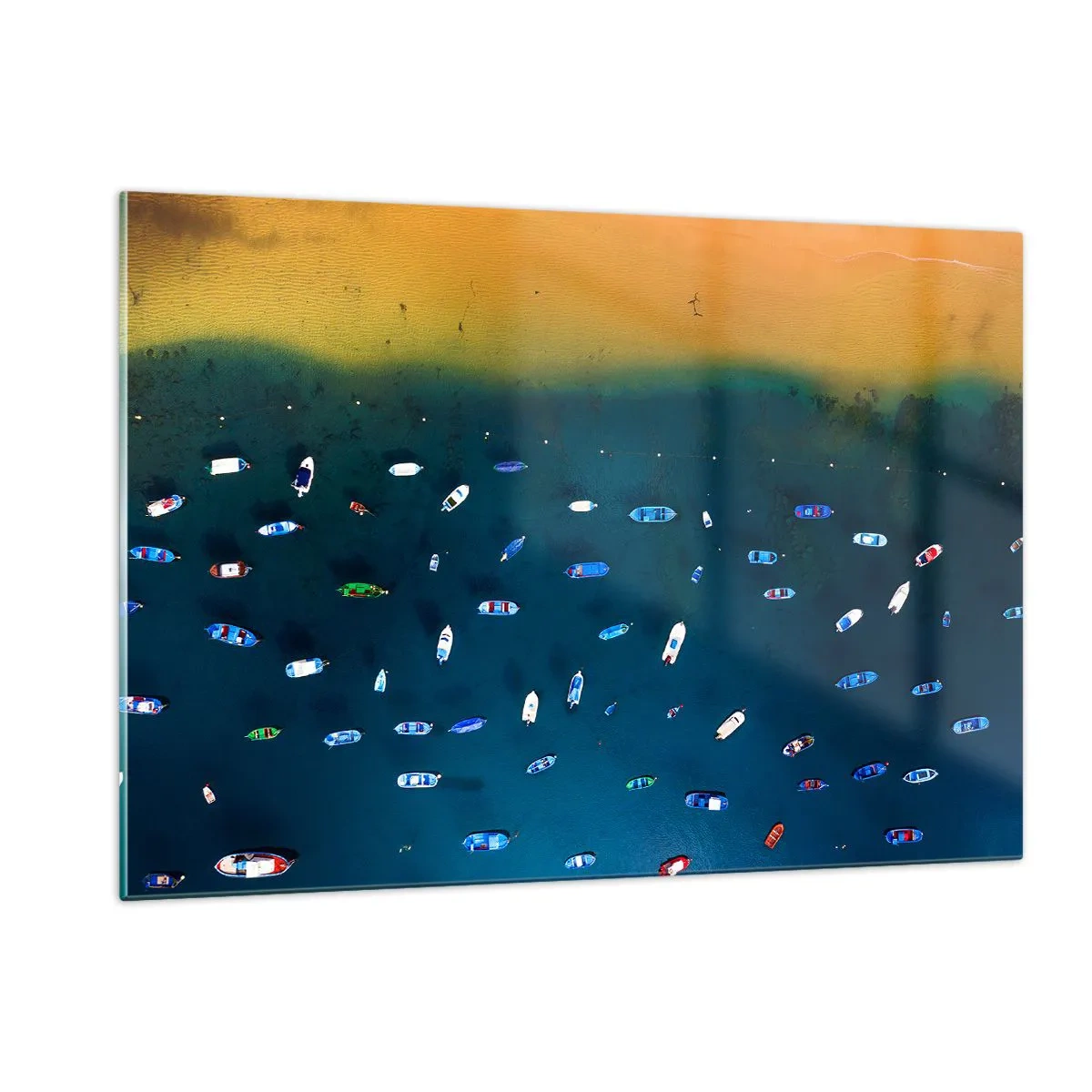 Impression sur verre - Image sur verre - Des bateaux sur fond d'eau turquoise et de rivage doré - 120x80cm - Jeu de vacances - Décoration murale moderne pour le salon et la chambre ARTTOR