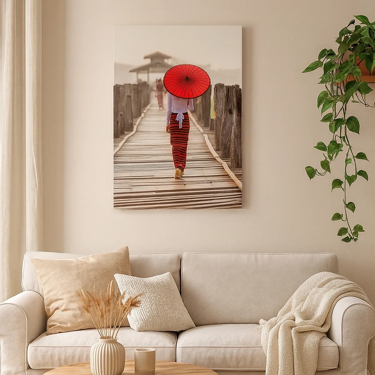 Impression sur toile - Image sur toile - Une femme avec un parapluie rouge sur un pont en bois - 50x70cm - Sur le vieux pont - Décoration murale moderne pour le salon et la chambre ARTTOR