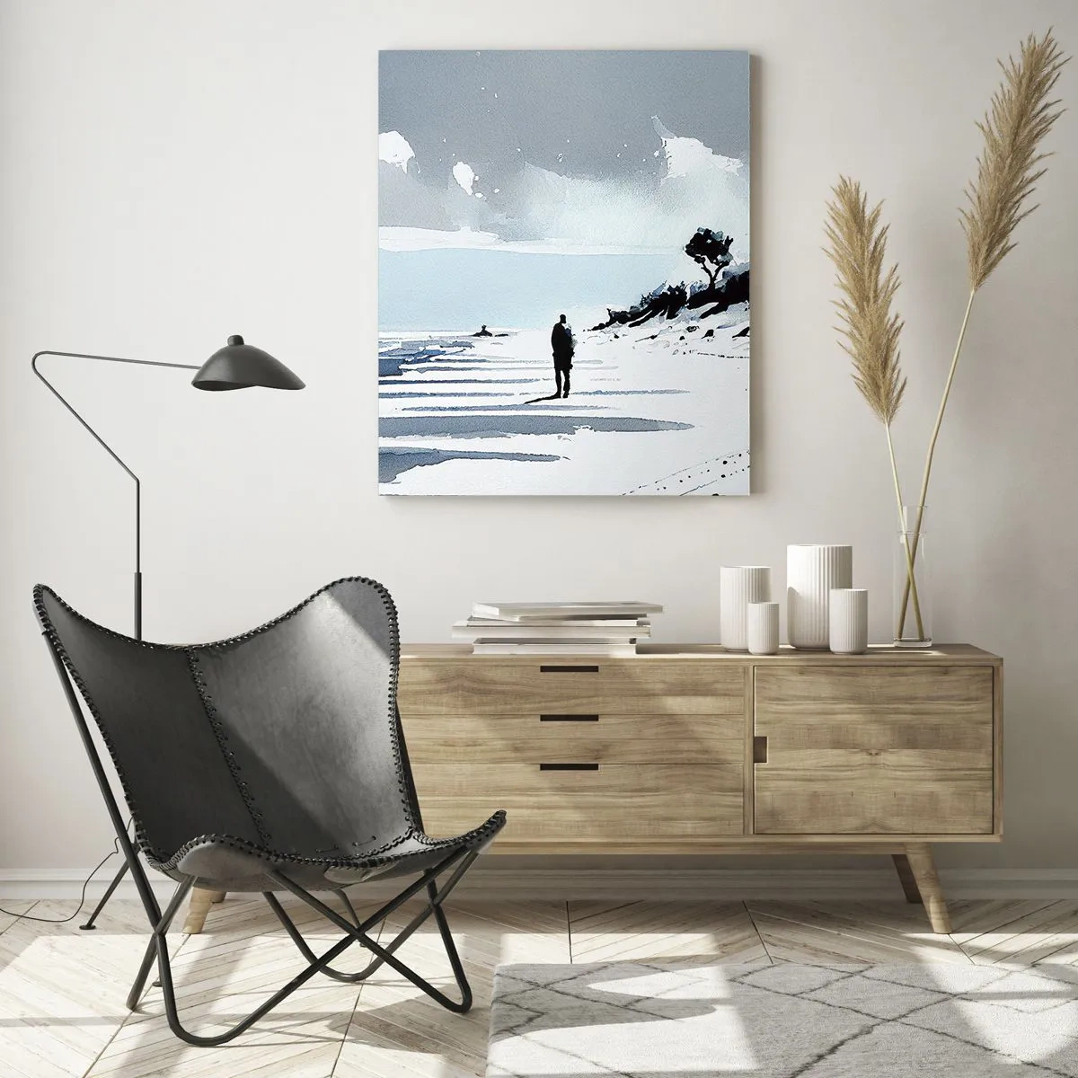 Impression sur verre - Image sur verre - Une silhouette solitaire marchant sur une plage déserte - 70x100cm - Seul à seul - Décoration murale moderne pour le salon et la chambre ARTTOR