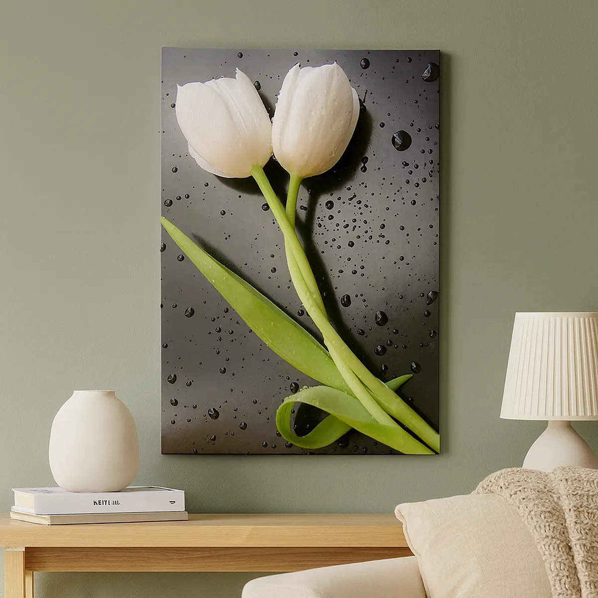 Impression sur toile - Image sur toile - Tulipes blanches sur fond noir avec des gouttes d'eau - 50x70cm - Tissage de printemps - Décoration murale moderne pour le salon et la chambre ARTTOR