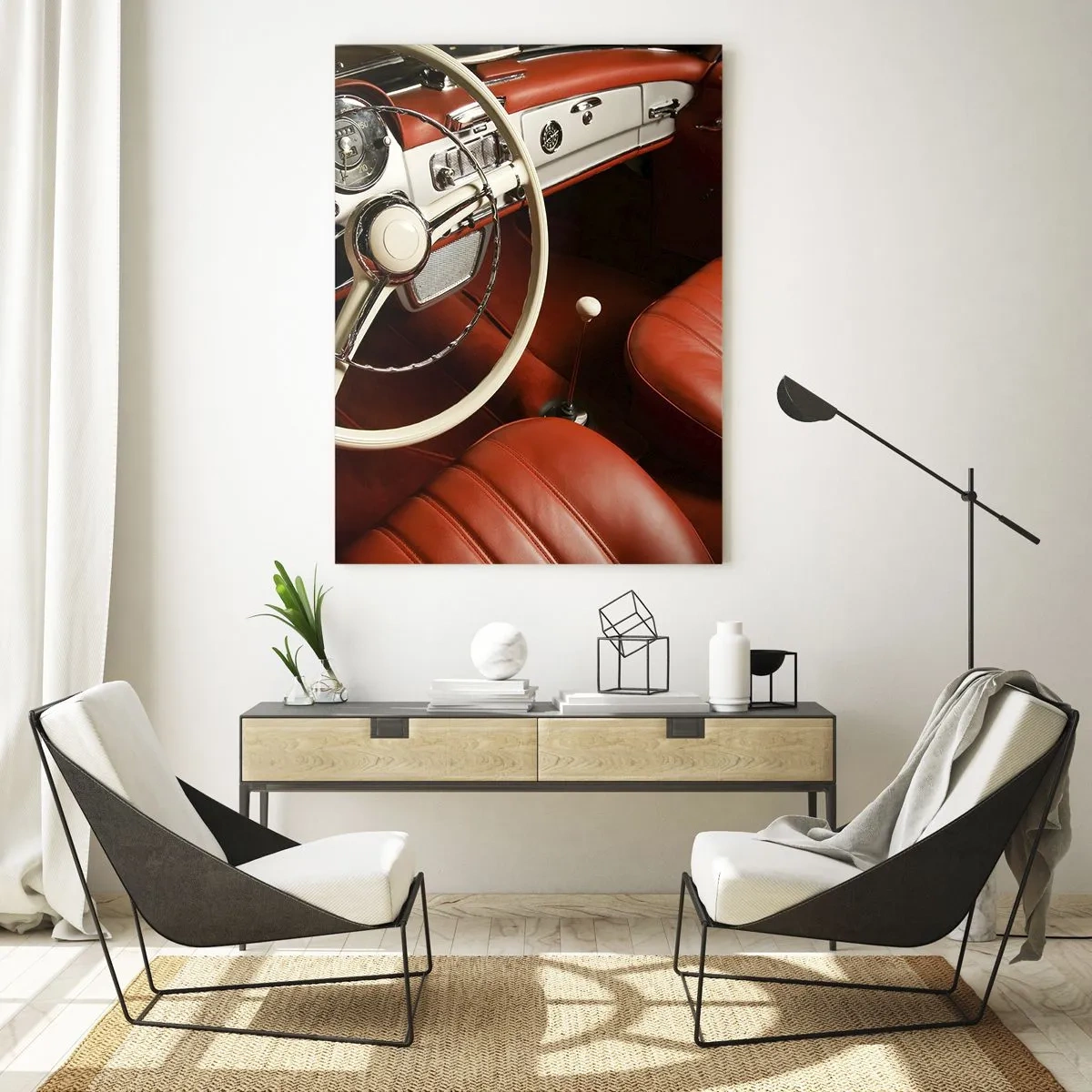 Impression sur verre - Image sur verre - Intérieur de voiture classique avec sièges rouges - 50x70cm - Luxe de style vintage - Décoration murale moderne pour le salon et la chambre ARTTOR