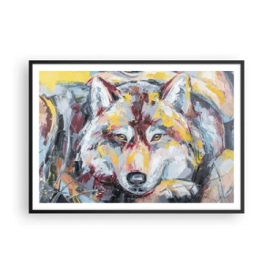 Affiche dans un cadre noir - Poster - Portrait artistique d'un loup aux couleurs intenses - 100x70cm - En paix au milieu des siens - Décoration murale moderne pour le salon et la chambre ARTTOR