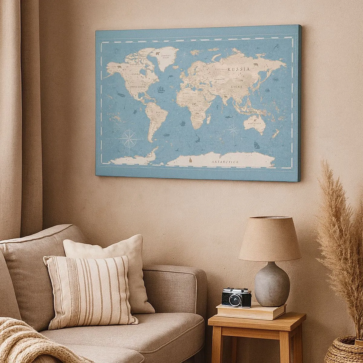 Impression sur toile - Image sur toile - Carte du monde décorative dans les tons bleu et beige - 70x50cm - Le monde à porter de main - Décoration murale moderne pour le salon et la chambre ARTTOR