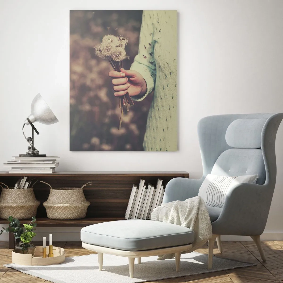 Impression sur verre - Image sur verre - Une main tenant des pissenlits sur un fond flou d'un champ plein de fleurs. - 80x120cm - Merci de les garder - Décoration murale moderne pour le salon et la chambre ARTTOR