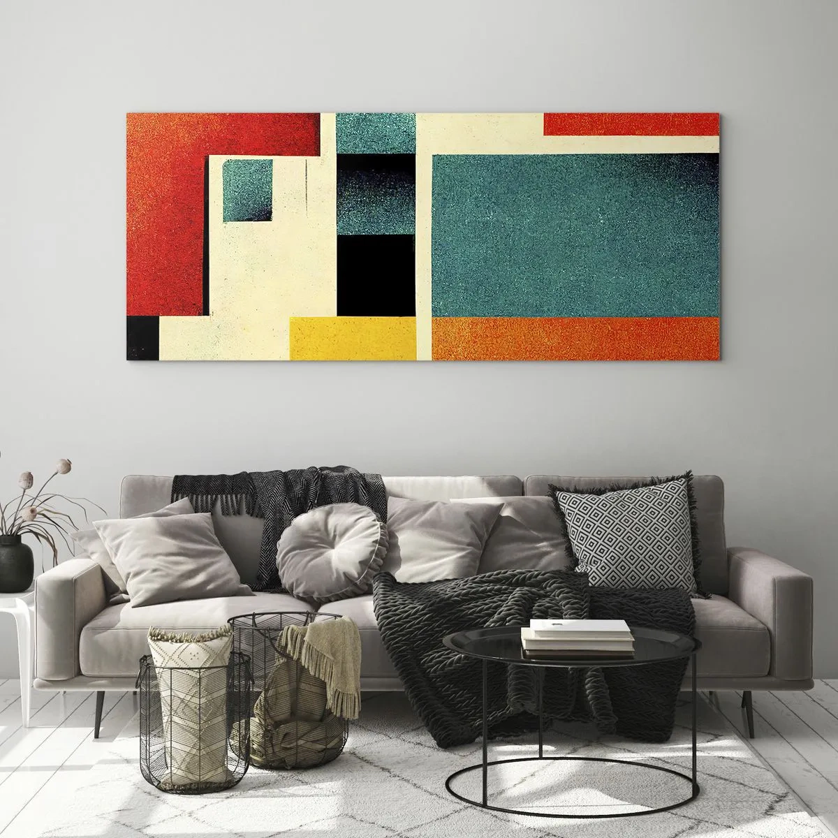 Impression sur verre - Image sur verre - Abstraction géométrique avec des rectangles et des carrés colorés - 120x50cm - Abstraction géométrique – bonne énergie - Décoration murale moderne pour le salon et la chambre ARTTOR