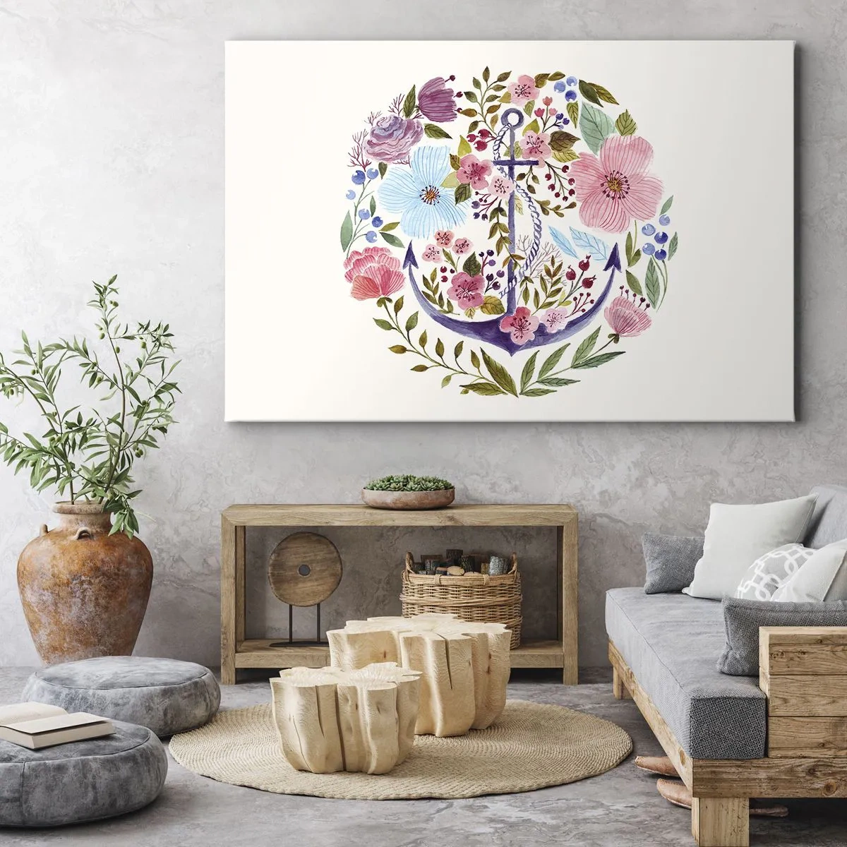 Impression sur toile - Image sur toile - Une ancre entourée de fleurs à l'aquarelle sur un fond clair - 100x70cm - Le beau rêve du marin - Décoration murale moderne pour le salon et la chambre ARTTOR