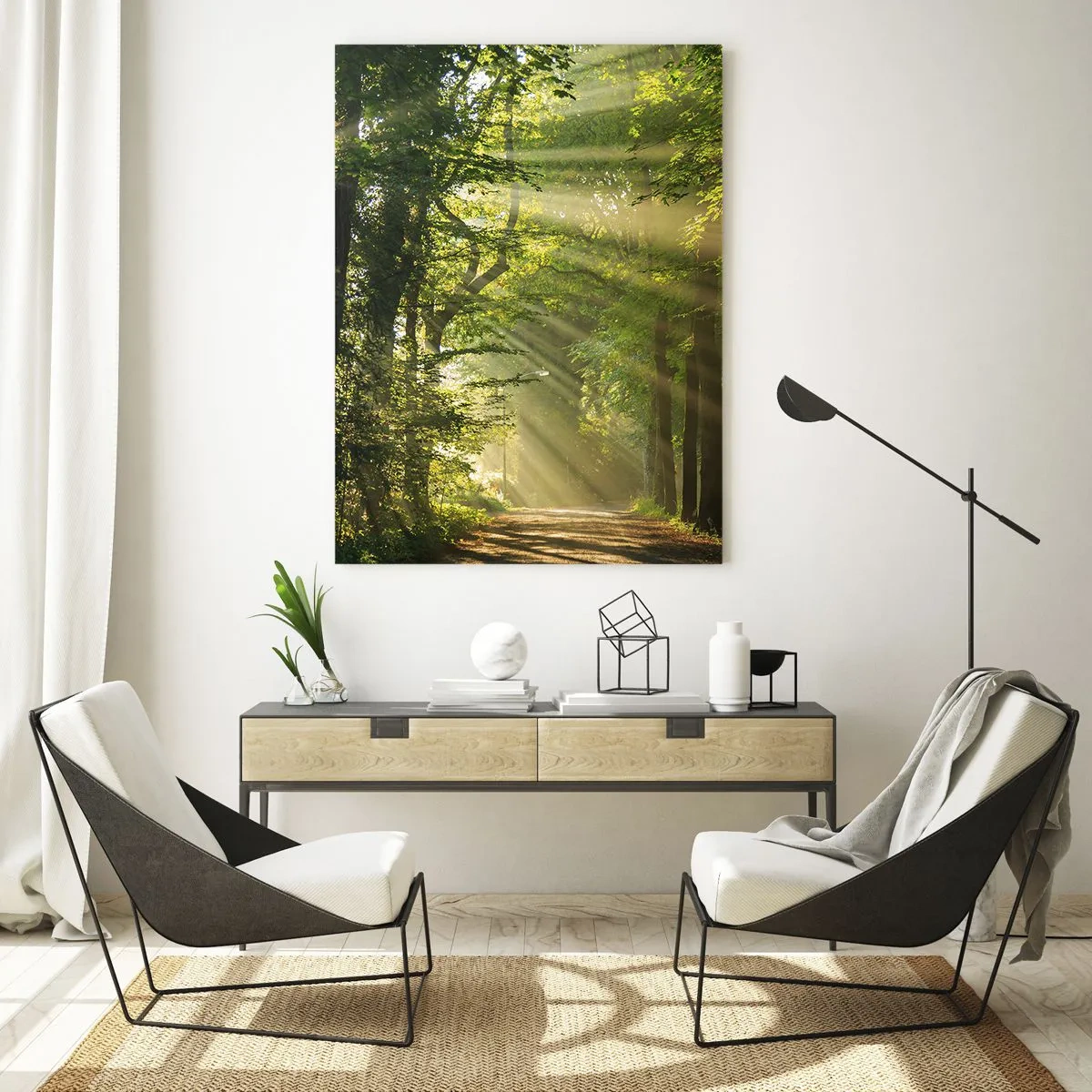 Impression sur verre - Image sur verre - Chemin forestier avec les rayons du soleil qui brillent à travers les arbres - 80x120cm - Moment de forêt - Décoration murale moderne pour le salon et la chambre ARTTOR