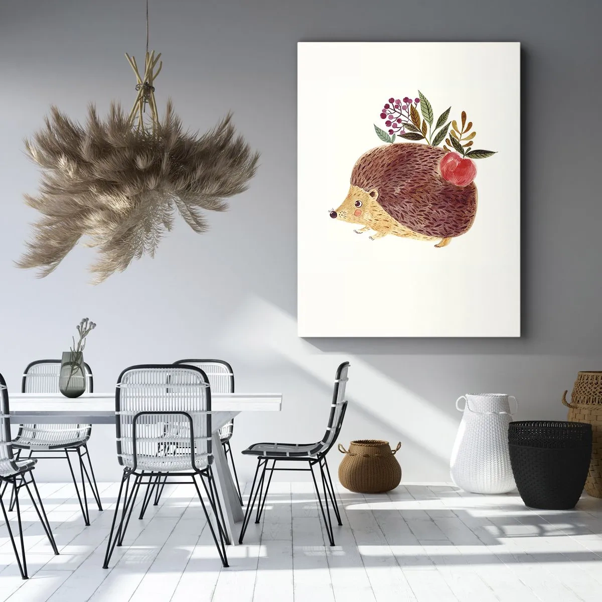 Impression sur toile - Image sur toile - Un hérisson mignon avec une pomme et des plantes dans un style illustratif - 50x70cm - Et tu m’apprécies déjà - Décoration murale moderne pour le salon et la chambre ARTTOR