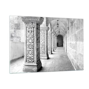 Impression sur verre - Image sur verre - Cloître historique avec colonnes sculptées - 120x80cm - Où cela mène-t-il…? - Décoration murale moderne pour le salon et la chambre ARTTOR