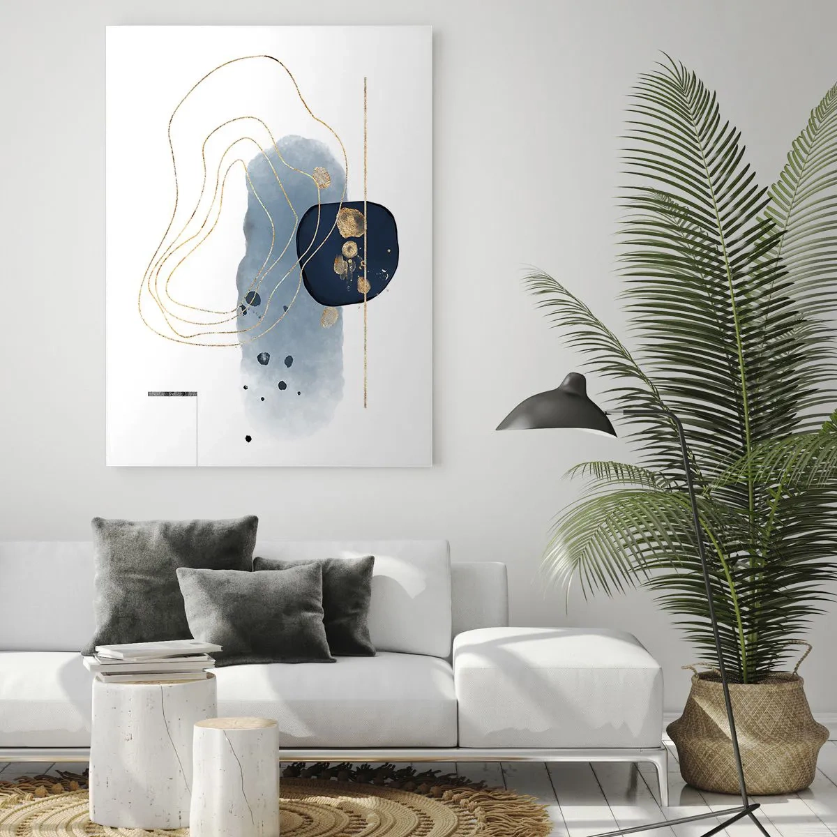 Impression sur verre - Image sur verre - Abstraction dans les tons de bleu et d'or - 70x100cm - Fantaisie bleu et or - Décoration murale moderne pour le salon et la chambre ARTTOR
