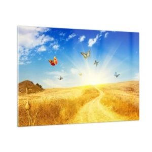 Impression sur verre - Image sur verre - Papillons planant au-dessus d'un chemin de terre au lever du soleil - 100x70cm - Et comment ne pas aimer l'été ? - Décoration murale moderne pour le salon et la chambre ARTTOR