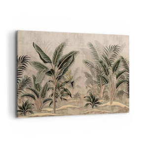 Impression sur toile - Image sur toile - Palmiers et végétation tropicale dans des tons verts sur fond beige - 100x70cm - Une gravure de style colonial - Décoration murale moderne pour le salon et la chambre ARTTOR
