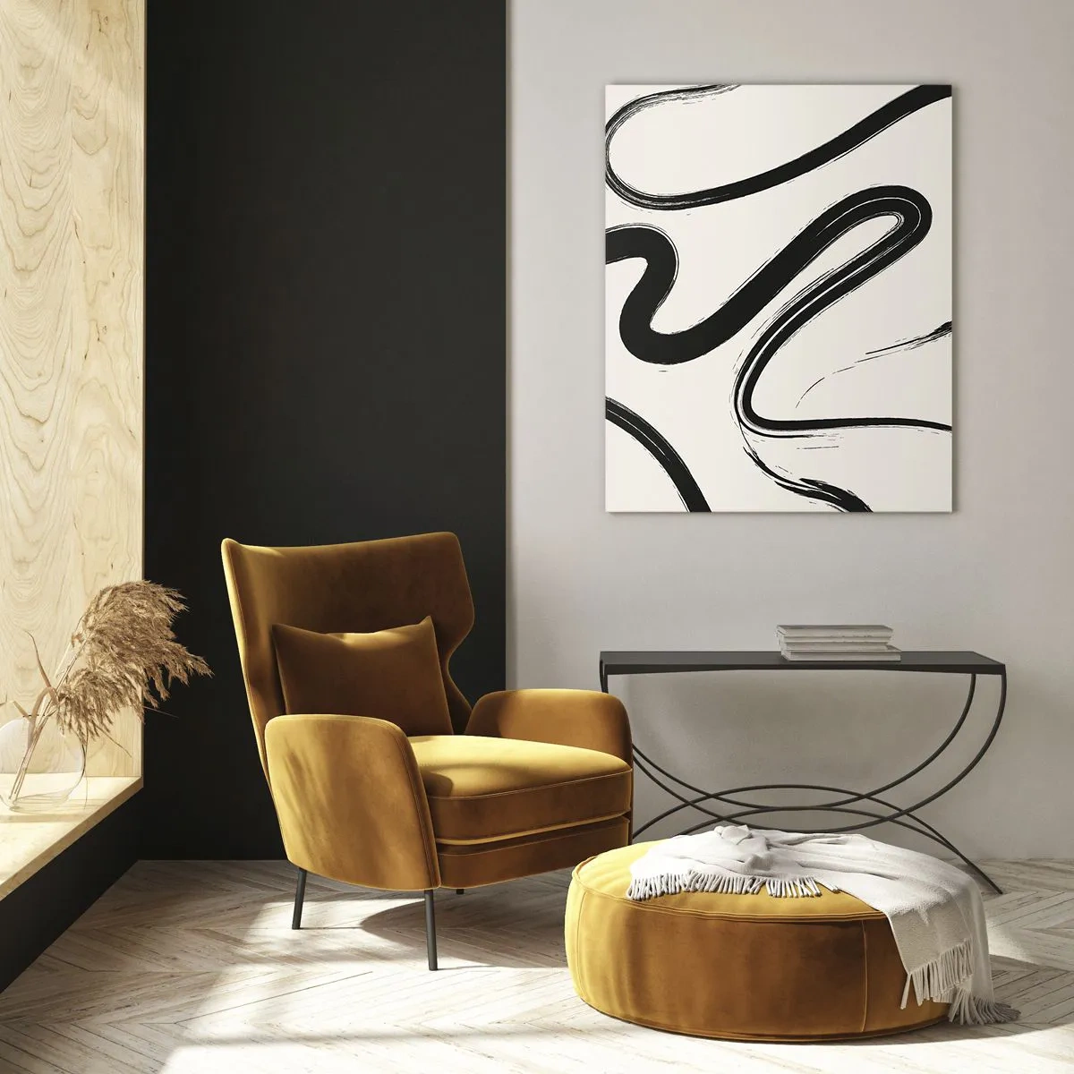 Impression sur verre - Image sur verre - Lignes courbes noires et blanches sur fond clair - 80x120cm - Fantaisie en noir et blanc - Décoration murale moderne pour le salon et la chambre ARTTOR