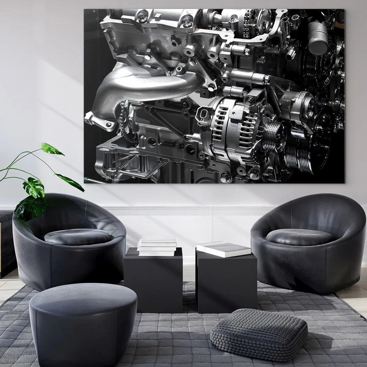 Impression sur verre - Image sur verre - Détails d'un moteur en métal sur fond noir - 120x80cm - Acier, beau, fort - Décoration murale moderne pour le salon et la chambre ARTTOR