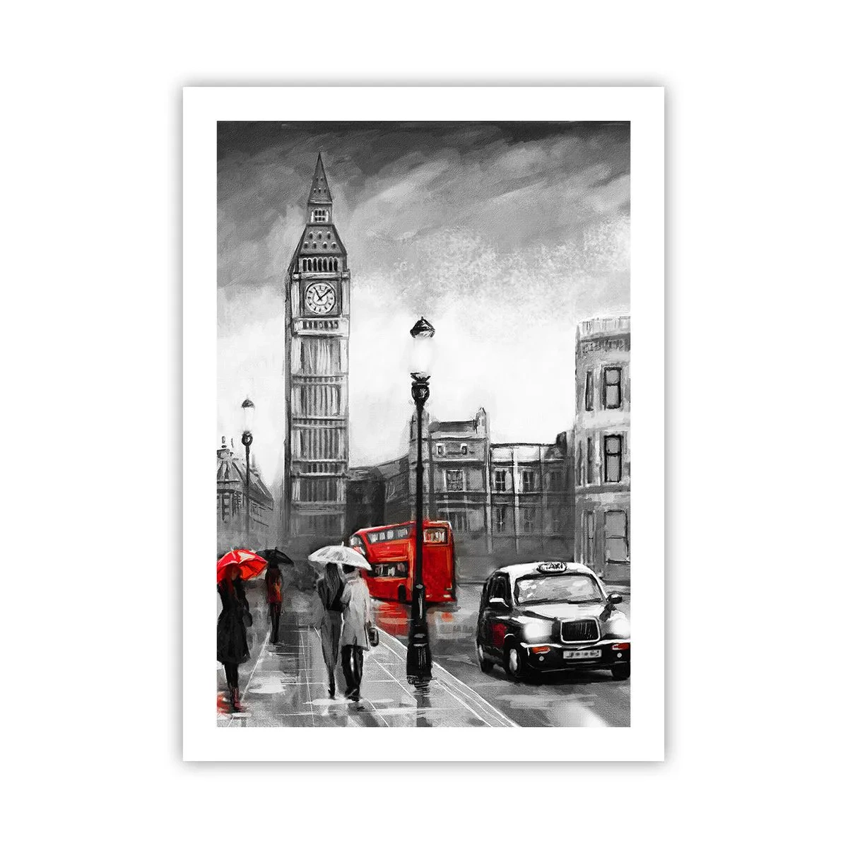 Affiche - Poster - Big Ben un jour de pluie avec des accents rouges - 50x70cm - Pas du tout une ville grise - Décoration murale moderne pour le salon et la chambre ARTTOR