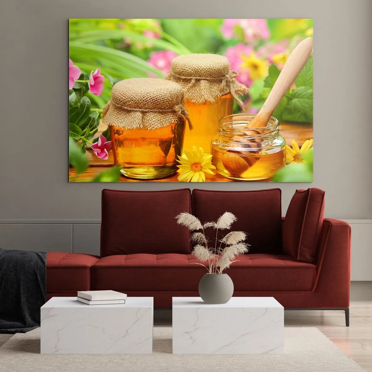 Impression sur verre - Image sur verre - Pots de miel sur fond de fleurs dans le jardin - 70x50cm - Doux et fleuri - Décoration murale moderne pour le salon et la chambre ARTTOR