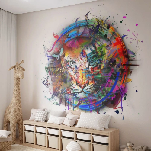 Papier peint sur mesure Autocollant Deluxe - Il se cache derrière un voile arc-en-ciel - Abstraction, Tigre, Graphique