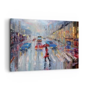 Impression sur toile - Image sur toile - Une femme avec un parapluie dans une rue pluvieuse à la lumière du néon. - 100x70cm - Après-midi pluvieux en ville - Décoration murale moderne pour le salon et la chambre ARTTOR