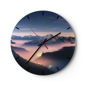 Horloge murale - Pendule murale - Coucher de soleil sur les montagnes avec la vallée enveloppée de brouillard et de lumières - 30x30cm - Lumière dans les vallées - Décoration murale moderne pour le salon, la cuisine et la chambre ARTTOR