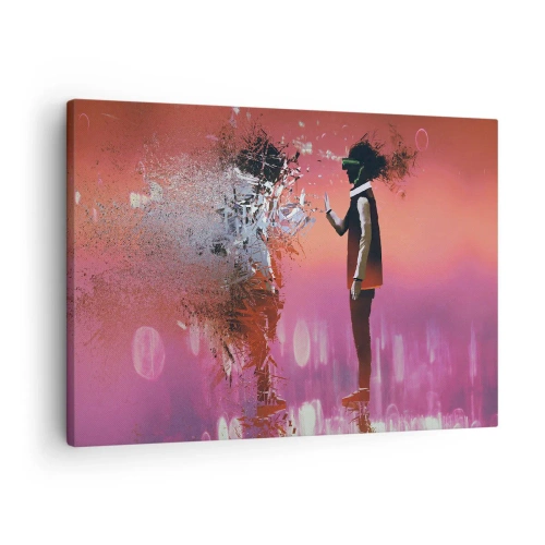 Impression sur toile - Image sur toile - Une scène abstraite avec une figure futuriste et des éléments dispersés. - 70x50cm - Pouvez-vous regarder à l'intérieur de vous-même ? - Décoration murale moderne pour le salon et la chambre ARTTOR