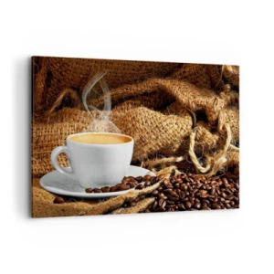 Impression sur toile - Image sur toile - Une tasse de café entourée d'un sac de grains de café - 120x80cm - L'odeur du moka et la densité du miel liquide - Décoration murale moderne pour le salon et la chambre ARTTOR