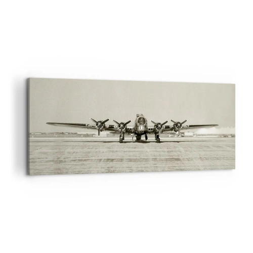 Impression sur toile - Image sur toile - Avion historique à l'aéroport en sépia - 120x50cm - Toujours prêt! - Décoration murale moderne pour le salon et la chambre ARTTOR