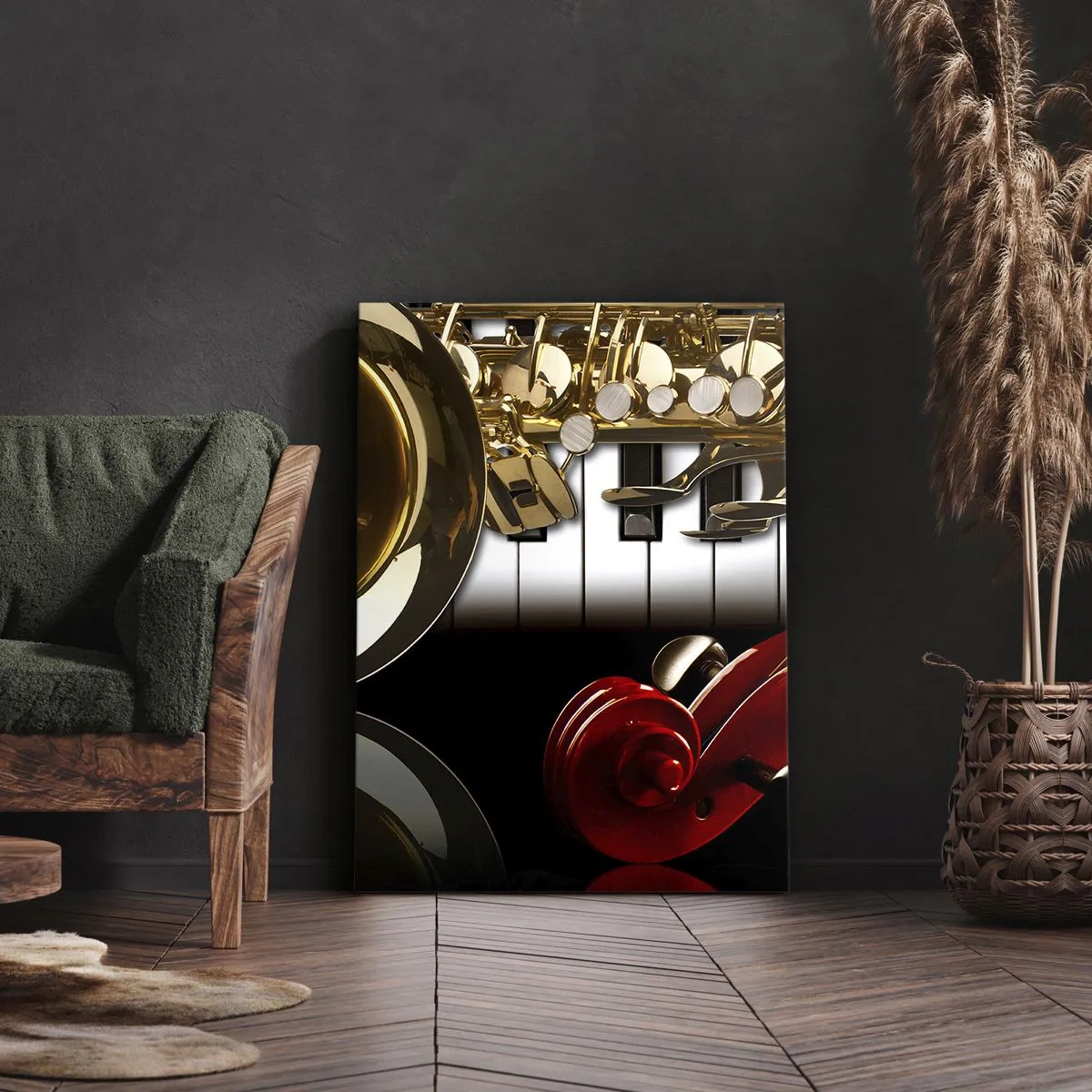 Impression sur toile - Image sur toile - Un saxophone doré, des touches de piano et un violon rouge - 70x100cm - Tôle, bois et ivoire - Décoration murale moderne pour le salon et la chambre ARTTOR