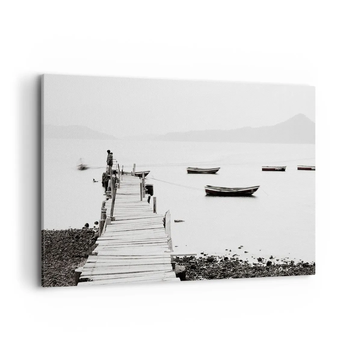 Impression sur toile - Image sur toile - Jetée en bois et bateaux sur une eau calme - 120x80cm - Calme et propre au bord de l'eau - Décoration murale moderne pour le salon et la chambre ARTTOR