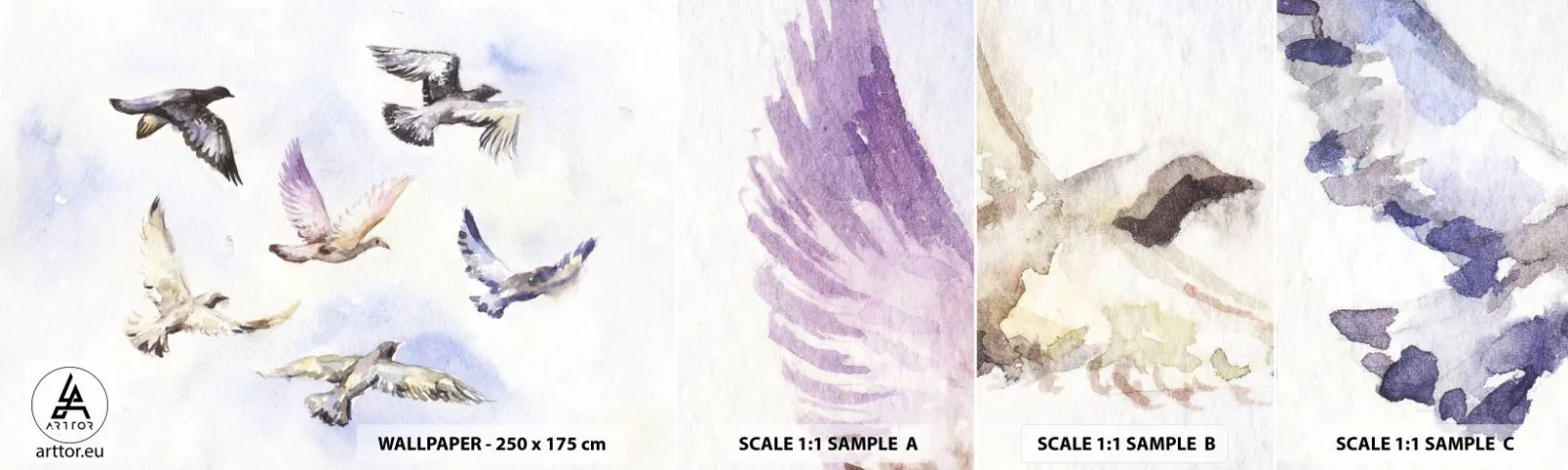 Échantillon De Papier Peint Standard Eco - Liberté en gris et bleu - Des oiseaux, Graphique, Morceau - 100x30 cm