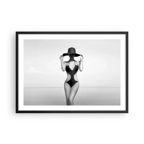 Affiche dans un cadre noir - Poster - Silhouette noire et blanche d'une femme portant un chapeau sur fond de mer - 70x50cm - Mon prénom? Élégance - Décoration murale moderne pour le salon et la chambre ARTTOR