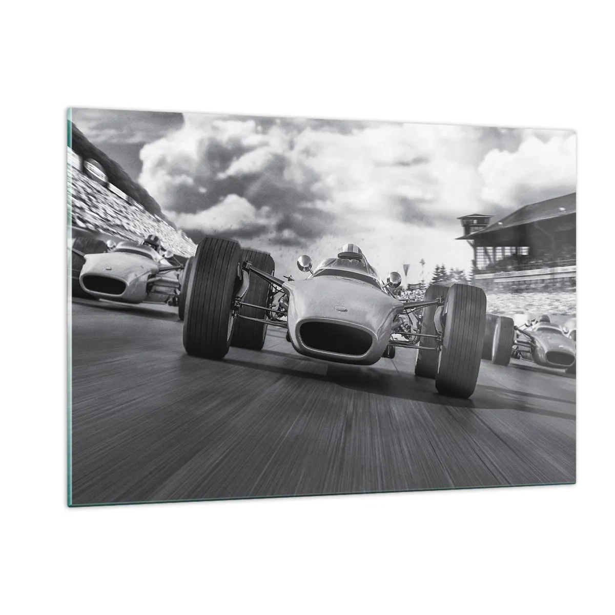 Impression sur verre - Image sur verre - Course de voitures classiques sur une piste en noir et blanc - 120x80cm - Puissance! - Décoration murale moderne pour le salon et la chambre ARTTOR