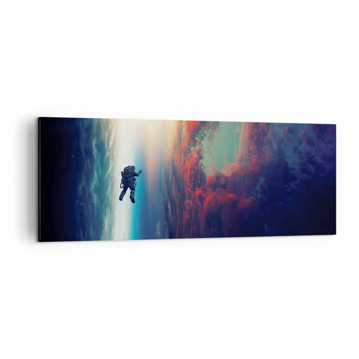 Impression sur toile - Image sur toile - Un astronaute flottant dans l'espace au-dessus d'une Terre colorée - 140x50cm - Affronter l'univers - Décoration murale moderne pour le salon et la chambre ARTTOR