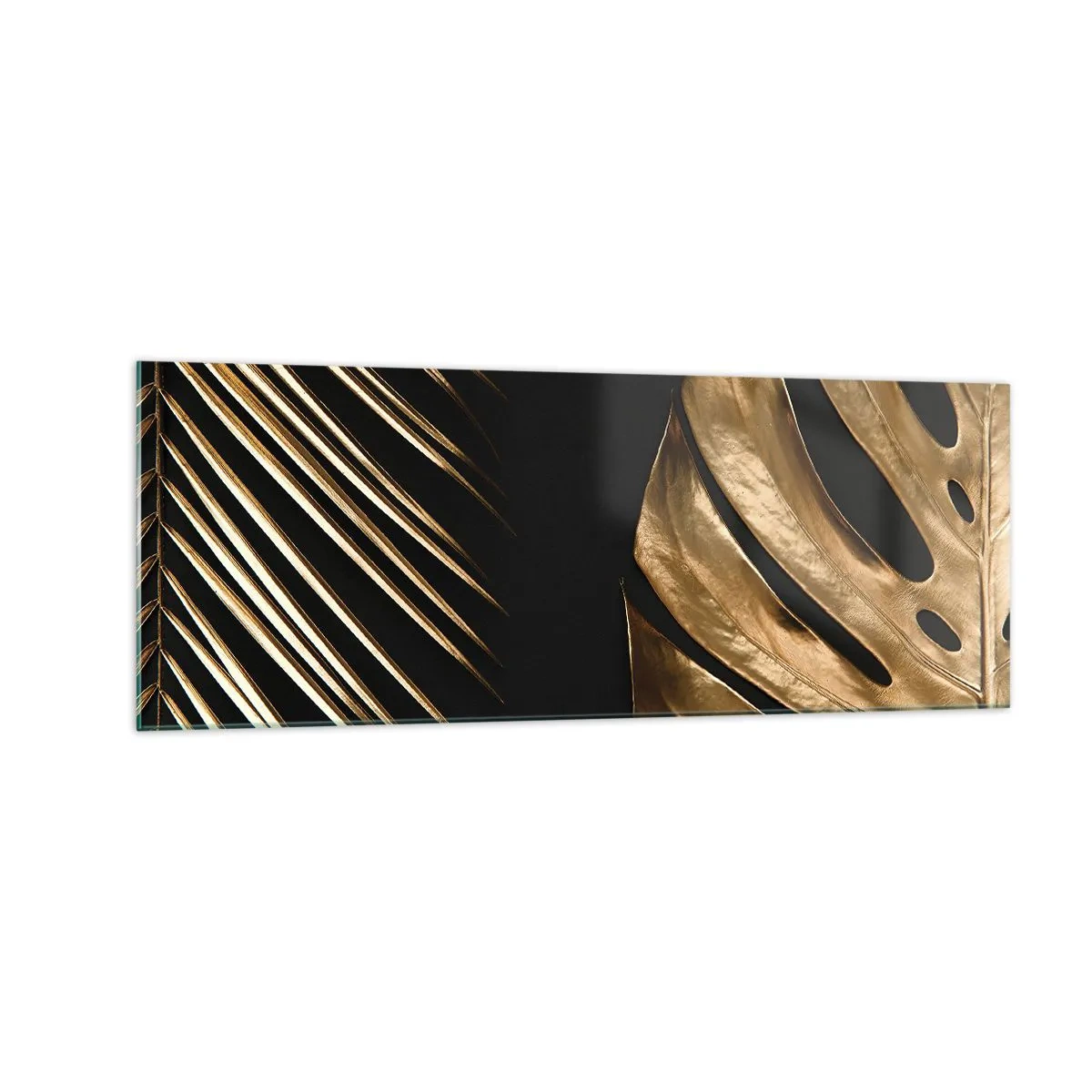 Impression sur verre - Image sur verre - Feuilles dorées sur fond noir - 140x50cm - Différent et tout aussi cher - Décoration murale moderne pour le salon et la chambre ARTTOR