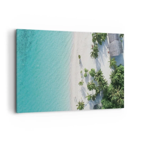 Impression sur toile - Image sur toile - Vue plongeante sur une plage tropicale avec de l'eau turquoise et des palmiers - 100x70cm - Vacances au paradis - Décoration murale moderne pour le salon et la chambre ARTTOR
