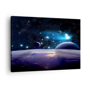 Impression sur toile - Image sur toile - Une vue de l'espace avec des planètes et des étoiles - 70x50cm - Toujours seul? - Décoration murale moderne pour le salon et la chambre ARTTOR