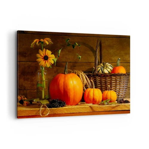 Impression sur toile - Image sur toile - Composition d'automne avec citrouilles et fleurs sur fond de bois - 100x70cm - Une composition rustique - cadeaux d'automne - Décoration murale moderne pour le salon et la chambre ARTTOR