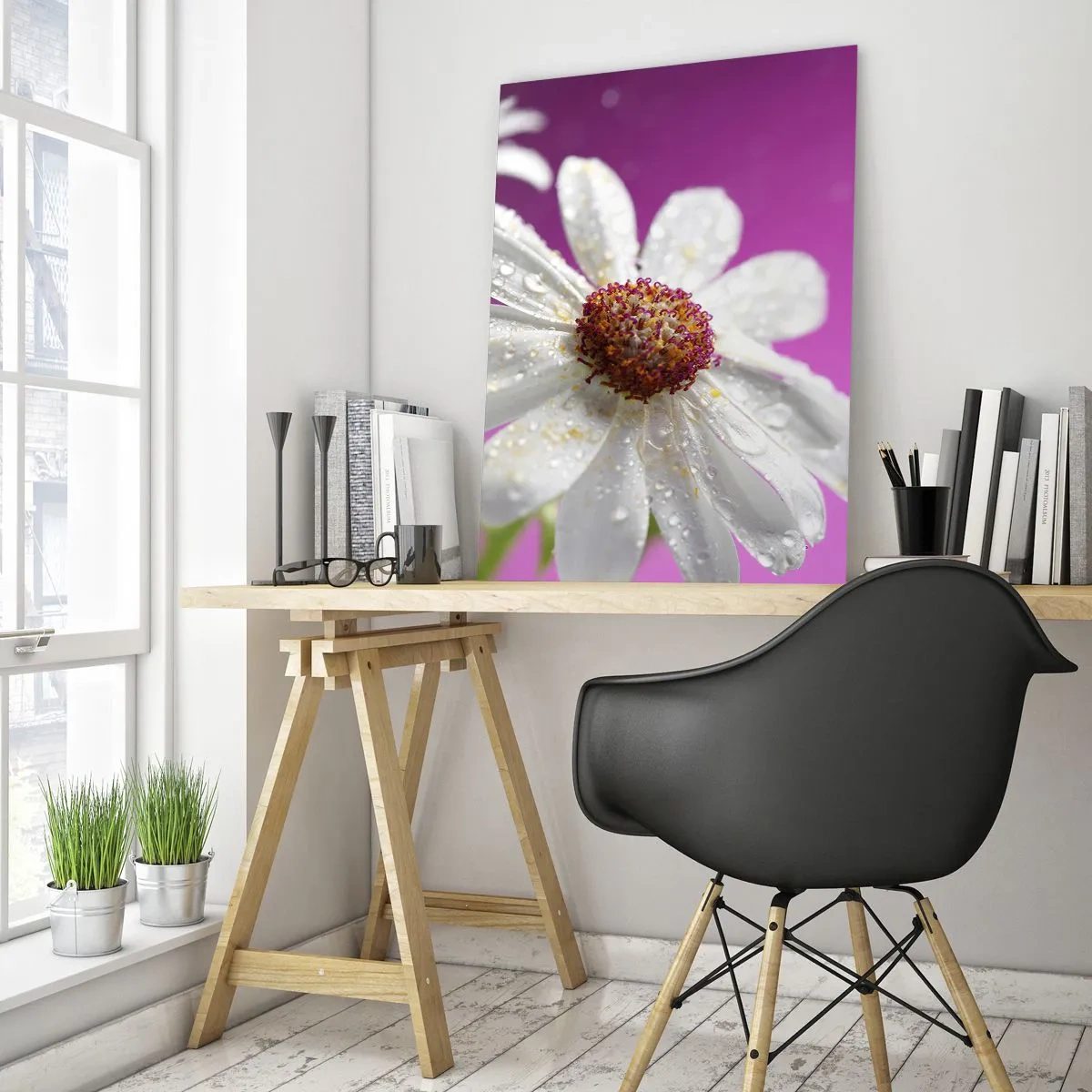 Impression sur verre - Image sur verre - Macrophotographie d'une fleur blanche avec des gouttes de rosée sur un fond rose - 50x70cm - Modeste dans sa beauté - Décoration murale moderne pour le salon et la chambre ARTTOR