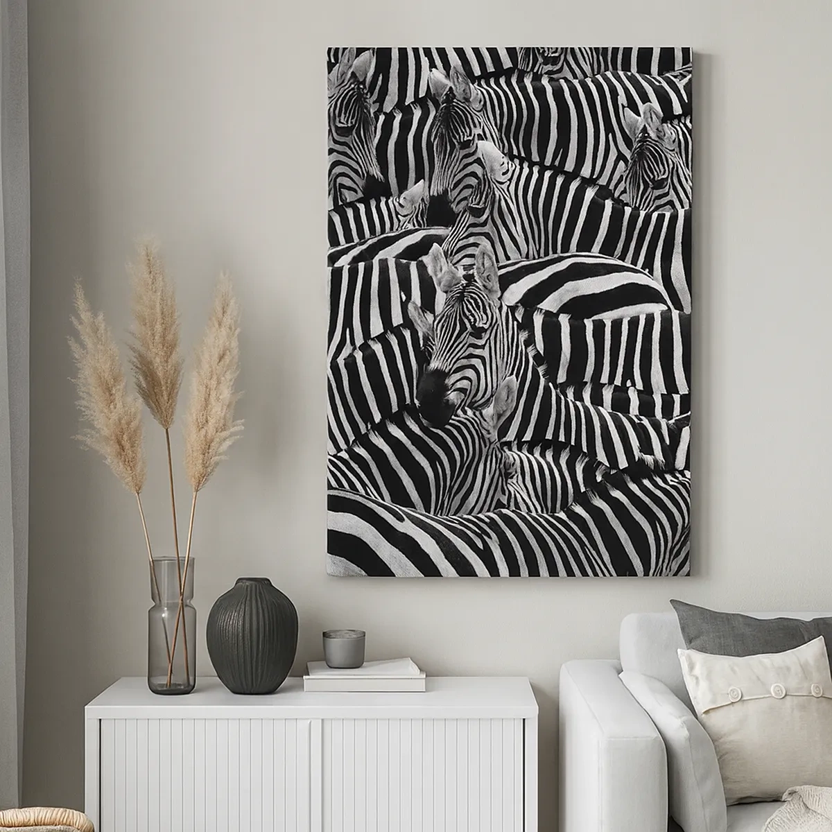 Impression sur toile - Image sur toile - Un groupe de zèbres avec des rayures noires et blanches créant un motif de symétrie. - 50x70cm - Portrait collectif à rayures - Décoration murale moderne pour le salon et la chambre ARTTOR