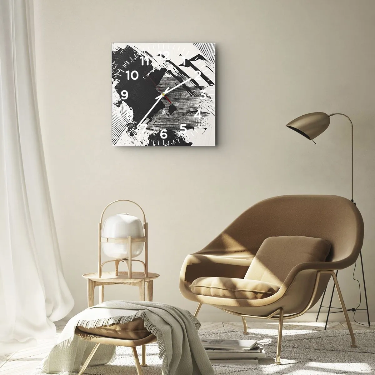 Horloge murale - Pendule murale - Traits abstraits de noir sur fond blanc - 30x30cm - Abstraction – expression du noir - Décoration murale moderne pour le salon et la chambre ARTTOR