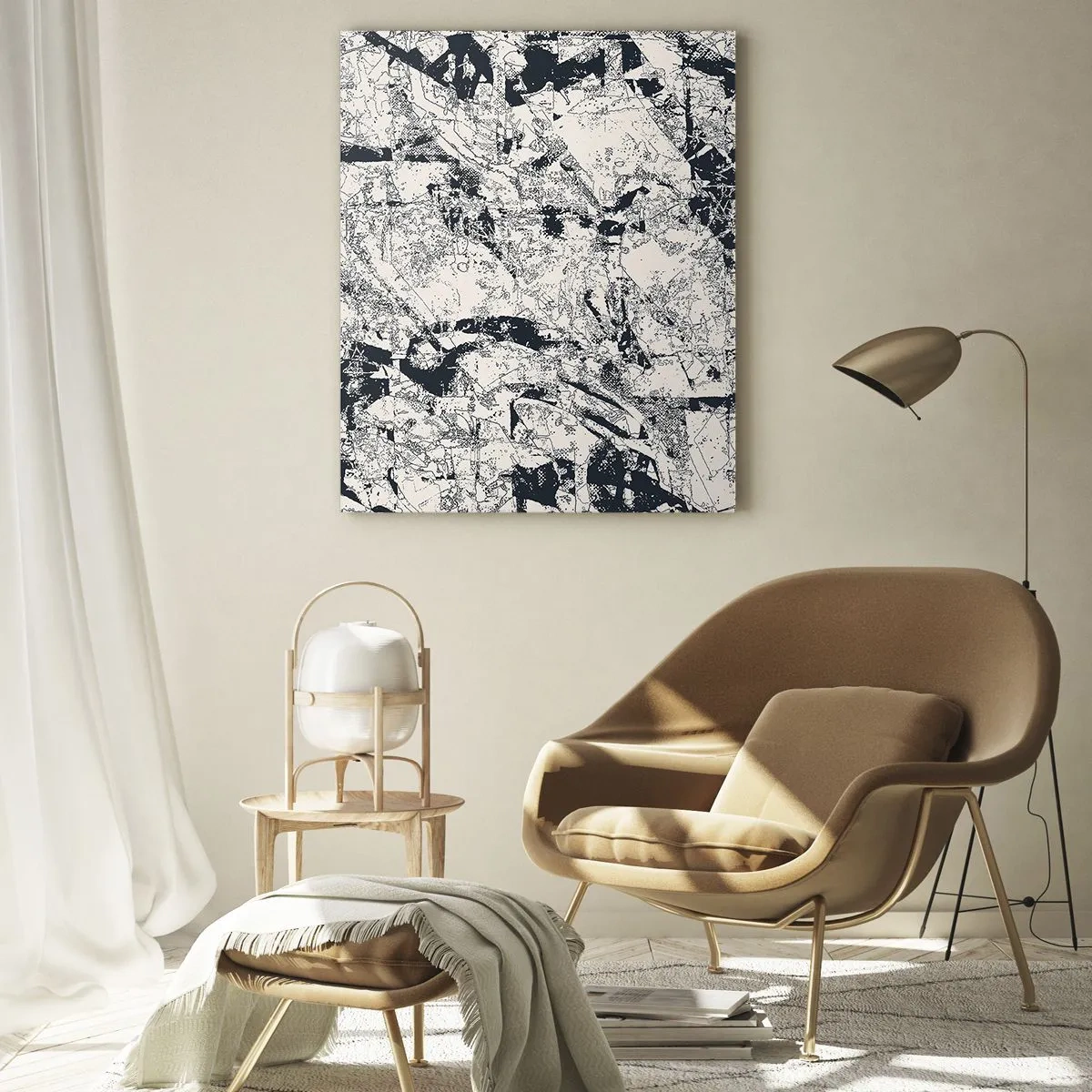 Impression sur verre - Image sur verre - Abstraction en noir et blanc avec des lignes et des textures dynamiques - 50x70cm - Interpénétration des contraires - Décoration murale moderne pour le salon et la chambre ARTTOR