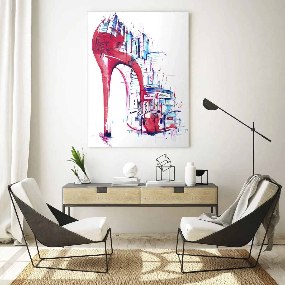Impression sur verre - Image sur verre - Talon aiguille rouge abstrait avec détails urbains - 80x120cm - L'élégance des grandes villes - Décoration murale moderne pour le salon et la chambre ARTTOR