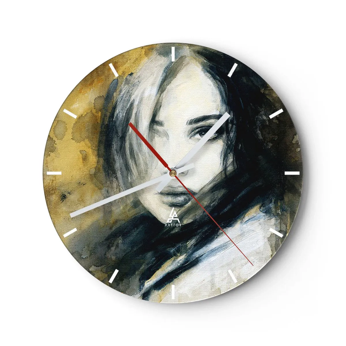 Horloge murale - Pendule murale - Portrait d'une femme dans un style artistique dans les tons d'or et de noir - 30x30cm - plutôt innocente ou sensuelle ? - Décoration murale moderne pour le salon, la cuisine et la chambre ARTTOR